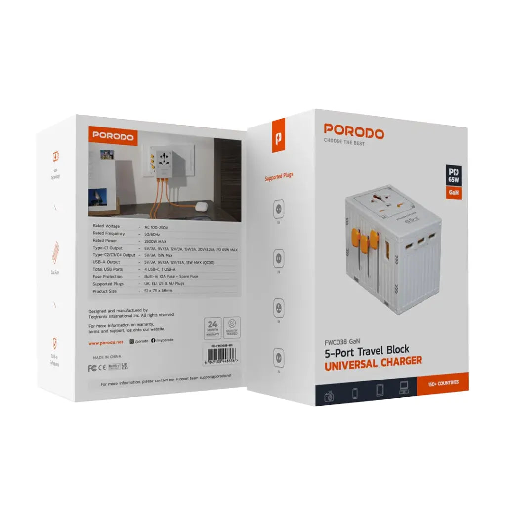 PD-FWCH038-WH , Porodo Fwc038 Gan 5-Port Travel Block Universal Charger Pd65w-White PD-FWCH038-WH , Porodo Fwc038 Gan 5-Port Travel Block Universal Charger Pd65w-White